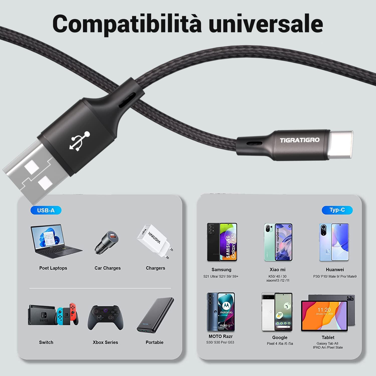 tigratigro Cavo USB C, (2Pezzi 3M) Cavo USB Tipo C Nylon Ricarica Rapida per Android Samsung,Huawei,Xiaomi,Google Pixel, OnePlus, Moto, Realme, Honor, Tablette